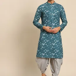 KISAH Men Turquoise Blue Thread Work Cotton Kurta image 1