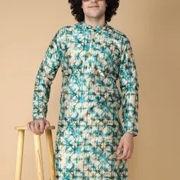NAMASKAR Abstract Printed Mandarin Collar Pure Silk Kurta-image-59
