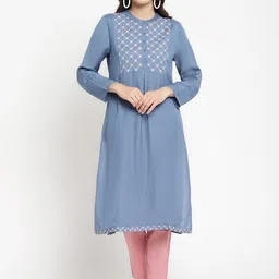 SAVI Ethnic Motifs Yoke Design Band Collar Thread Work Straight Kurta-picture-21