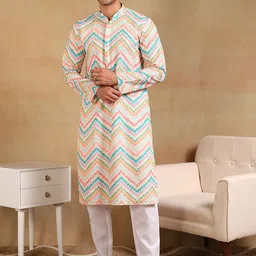 Ethnic Bay Men Chevron Checked Flared Sleeves Thread Work Kurta-picture-34