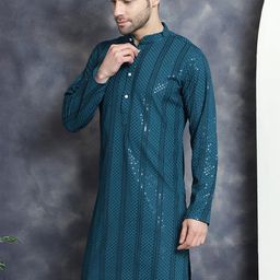 Jompers Geometric Sequins Chikankari Embroidered Band Collar Kurta-picture-27