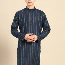 MANQ Striped Printed Band Collar Long Sleeve Straight Cotton Kurta-picture-48