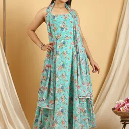 KALINI Floral Printed Regular A-Line Kurta with Churidar & Dupatta image 1