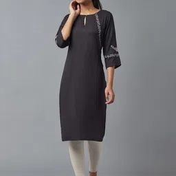 W Women Black Embroidered Keyhole Neck Regular Sleeves Kurta-picture-26