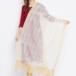 Clora Creation Cream-Coloured & Gold-Toned Striped Tissue Silk Dupatta-picture-3