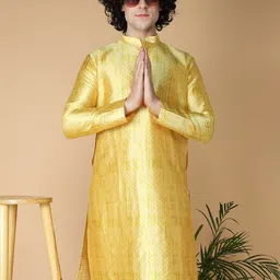 NAMASKAR Geometric Woven Design Mandarin Collar Silk Kurta-image-61