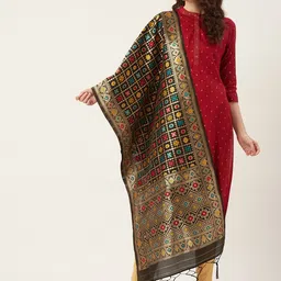Shaily Women Black & Golden Zari Woven Design Dupatta-picture-26