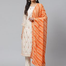 Biba Women Beige & Orange Embroidered Kurta with Trousers & Dupatta-picture-18