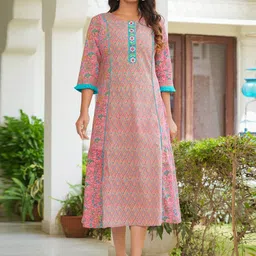 YASH GALLERY Geometric Printed Cotton A-Line Midi Ethnic Dress-picture-26