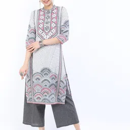 Vishudh Women Cream-Coloured & Grey Printed Kurta image 1