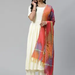 Sringam Women Cream-Coloured Solid Kurta with Palazzos & Dupatta image 1