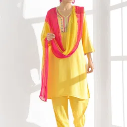 Anouk Yellow Ethnic Motifs Yoke Design Thread Work Straight Kurta With Trouser & Dupatta image 2