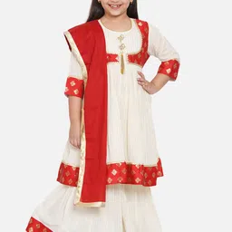 Little Bansi Girls Cream-Coloured & Red Striped Gotta Patti Kurta with Sharara & Dupatta-image-34