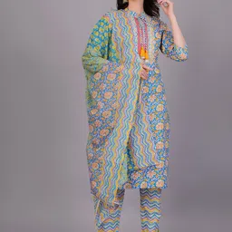 KALINI Floral Printed Mirror Work Pure Cotton Kurta With Trousers & Dupatta-picture-36