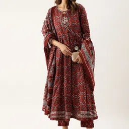 KALINI Floral Printed Gotta Patti Pure Cotton Anarkali Kurta & Trousers With Dupatta image 1