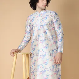 NAMASKAR Abstract Printed Mandarin Collar Silk Kurta-image-44