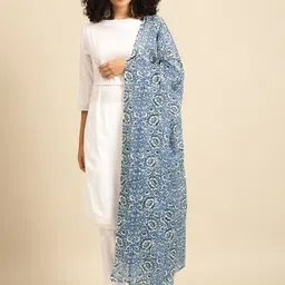 anayna Blue & White Floral Print Pure Cotton Dupatta-picture-11
