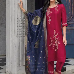 VredeVogel Floral Embroidered Thread Work Straight Kurta & Trousers With Dupatta-picture-7