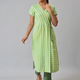 AURELIA Women Green Striped Pure Cotton Kurta-picture-7