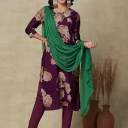 FASHOR Floral Printed Sequinned Straight Kurta With Dupatta-picture-29