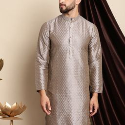 Anouk Ethnic Motifs Woven Design Band Collar Silk Cotton Regular Kurta-picture-31