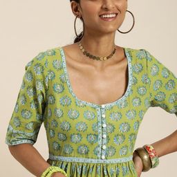 Taavi Women Green & Blue Handblock Floral Printed Anarkali Kurta-picture-39