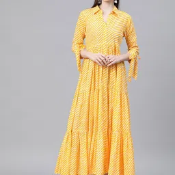 KALINI Geometric Printed Shirt Collar Tie-Ups & Tiered Cotton Fit and Flare Maxi Dress-picture-33