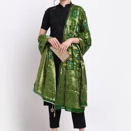 SOUNDARYA Green & Gold-Coloured Woven Design Bandhani Dupatta with Zari-picture-10