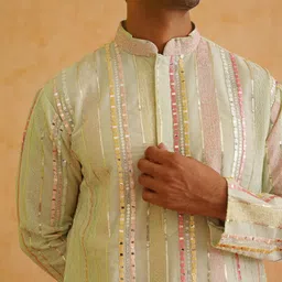 SOJANYA LUXE Striped Embellished Mandarin Collar Mirror Work Georgette Straight Kurta image 5