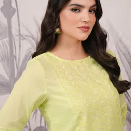 Vishudh Yellow Floral Thread Work Round Neck A-Line Kurta image 2