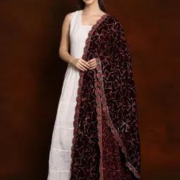 Exotic India Ethnic Motifs Embroidered Velvet Dupatta with Sequinned image 3