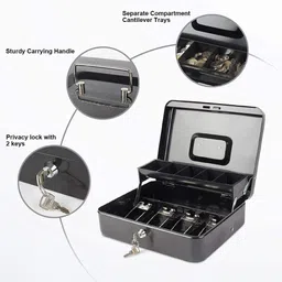 fideo Cash box with Key Lock & 2 Level Money Tray, Metal Money Box Large Size30*24*9cm Cash Box image 4