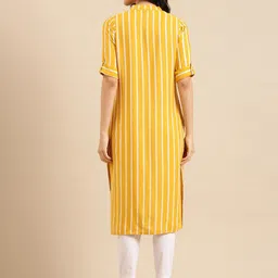 SHOWOFF Women Mustard Yellow Striped Dobby Kurta image 5