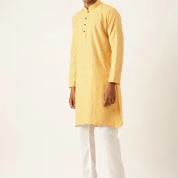 Armaan Ethnic Block Printed Mandarin Collar Cotton Linen Straight Kurta image 3