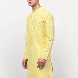 Jompers Men Yellow Floral Embroidered Thread Work Silk Straight Kurta image 5