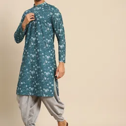 KISAH Men Turquoise Blue Thread Work Cotton Kurta image 3