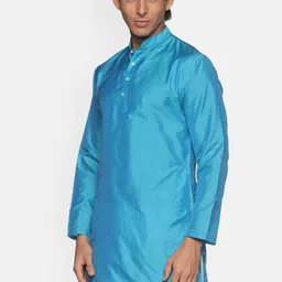 Sethukrishna Men Turquoise Blue Chikankari Handloom Kurta image 3