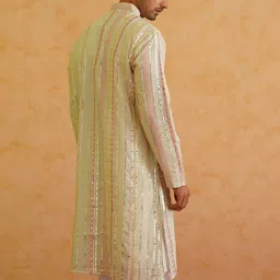 SOJANYA LUXE Striped Embellished Mandarin Collar Mirror Work Georgette Straight Kurta image 2