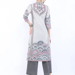 Vishudh Women Cream-Coloured & Grey Printed Kurta image 3