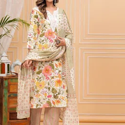 TOULIN Women Floral Printed Regular Pure Cotton Kurta with Palazzos & With Dupatta image 3