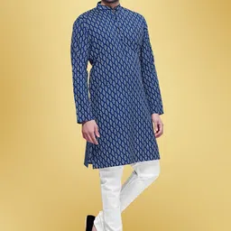 SHIWAM ETHNIX Ethnic Motifs Block Printed Mandarin Collar Cotton Straight Kurta image 4