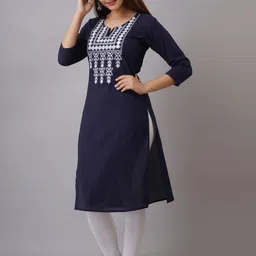 Ksharaa Women Navy Blue Yoke Design Thread Work Kurta image 3