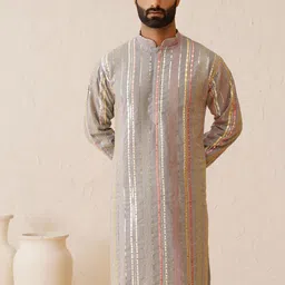 SOJANYA LUXE Embroidered Sequinned Mandarin Collar Long Sleeves Cotton Straight Kurta image 2