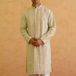 SOJANYA LUXE Striped Embellished Mandarin Collar Mirror Work Georgette Straight Kurta image 3