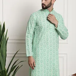 SOJANYA Men Green & White Ethnic Motifs Cotton Linen Printed Kurta image 4