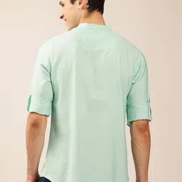 Anouk Blue Striped Woven Design Mandarin Collar Roll-Up Sleeves Zari Pathani Kurta image 5