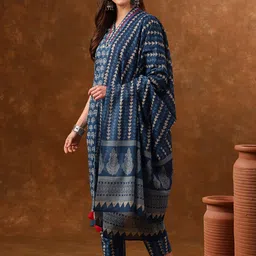 Anouk Floral Printed V-Neck Pure Cotton Kurta with Trousers & With Dupatta image 4