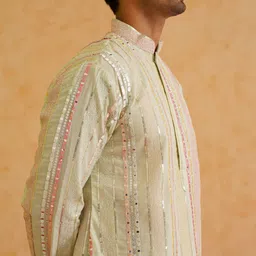 SOJANYA LUXE Striped Embellished Mandarin Collar Mirror Work Georgette Straight Kurta image 4