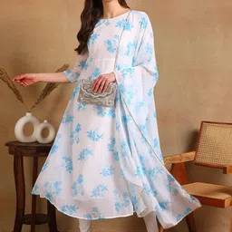 DSK STUDIO Floral Printed Boat Neck Three-Quarter Sleeves Anarkali Kurta with Dupatta image 3