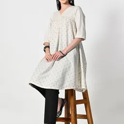 BAESD Polka Dots Printed Cotton Pleated V-neck A-Line Kurta image 4